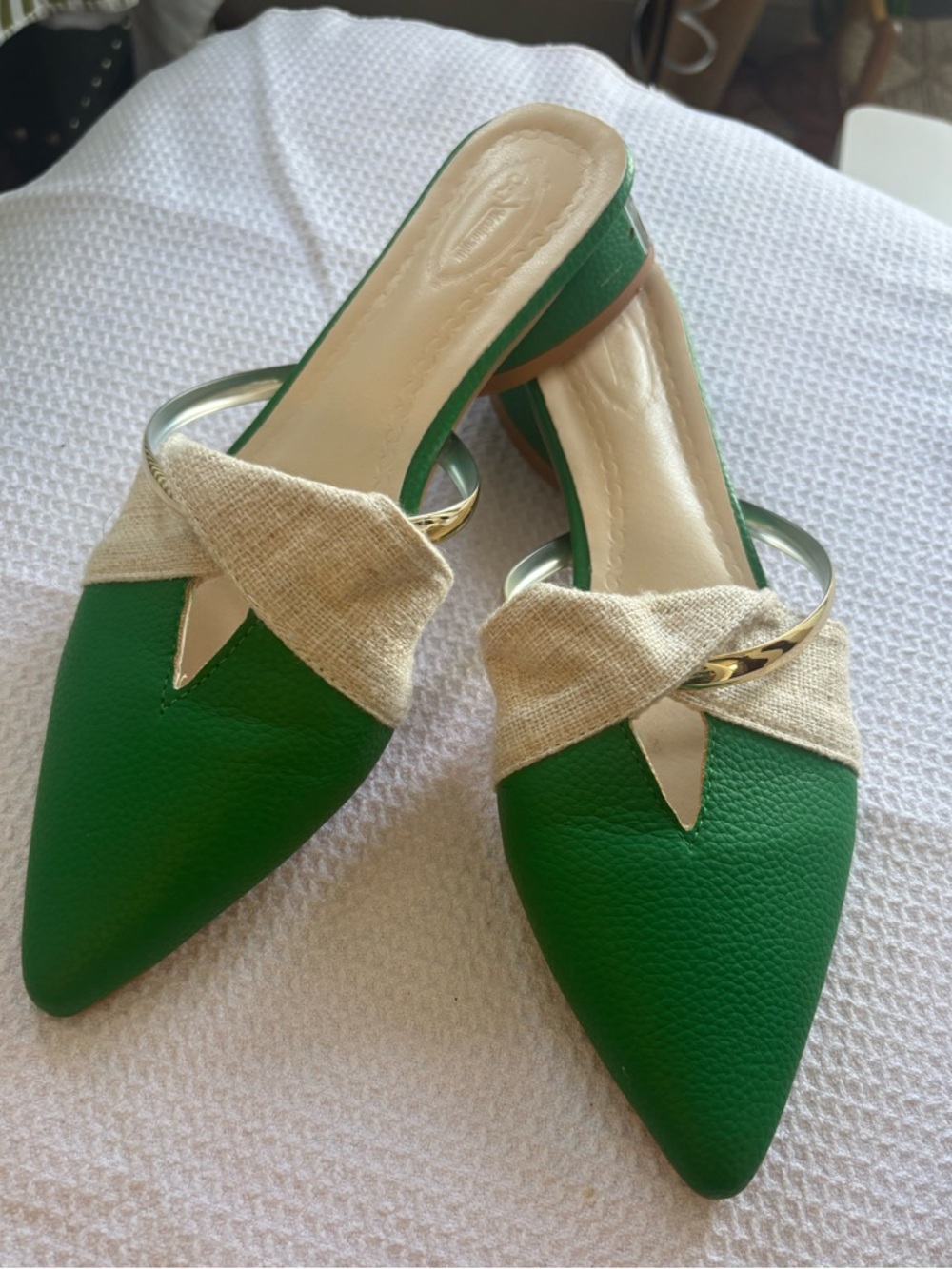 Green Pointed-Toe Slip-On Mules with Natural Fabric Accent
